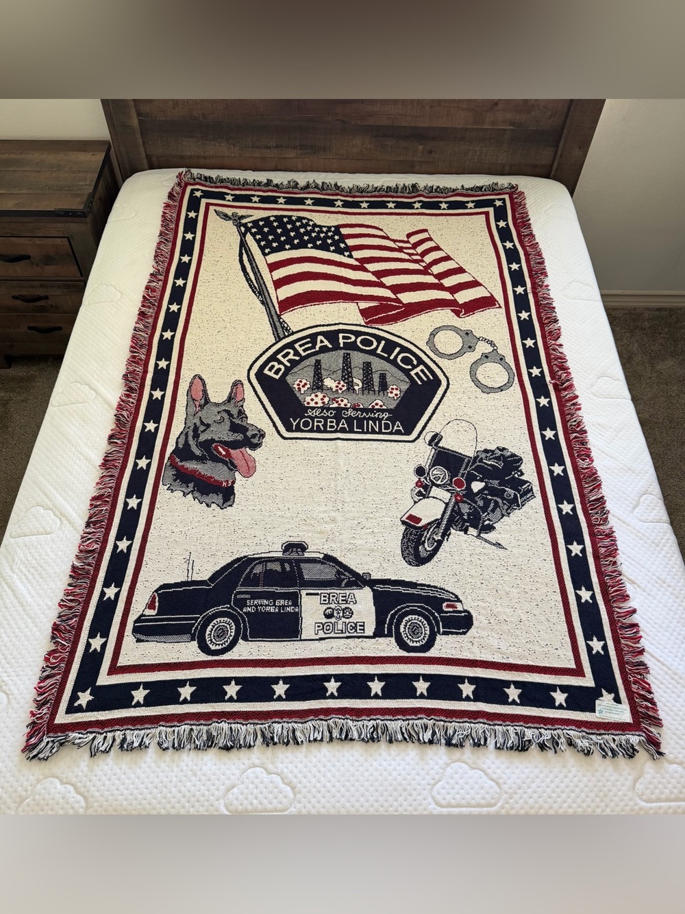 Vintage Brea Police Yorba Linda Throw Fringe Blanket Cotton CA Rare 43 X 70”